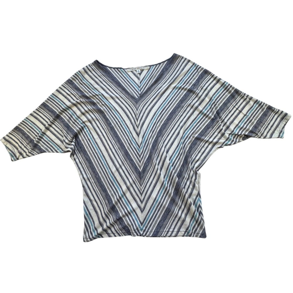 Max Studio Chevron Striped Dolman Sleeve V Neck Top Womens Small Blue Gray Knit
